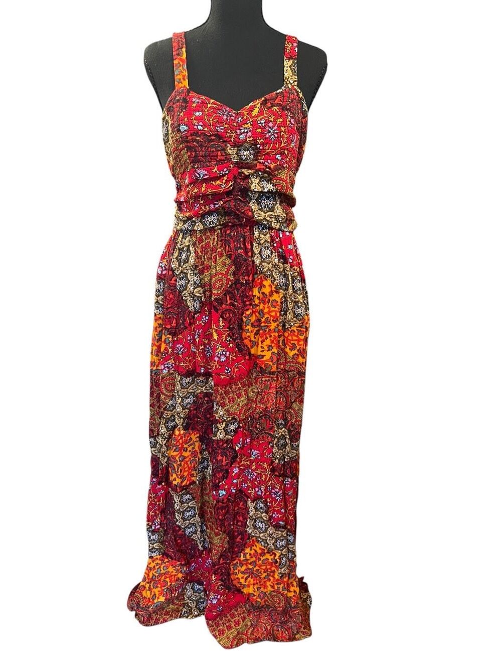 Wet Seal Large Y2K vibrant red patchwork maxi flowy sweetheart psychedelic dress